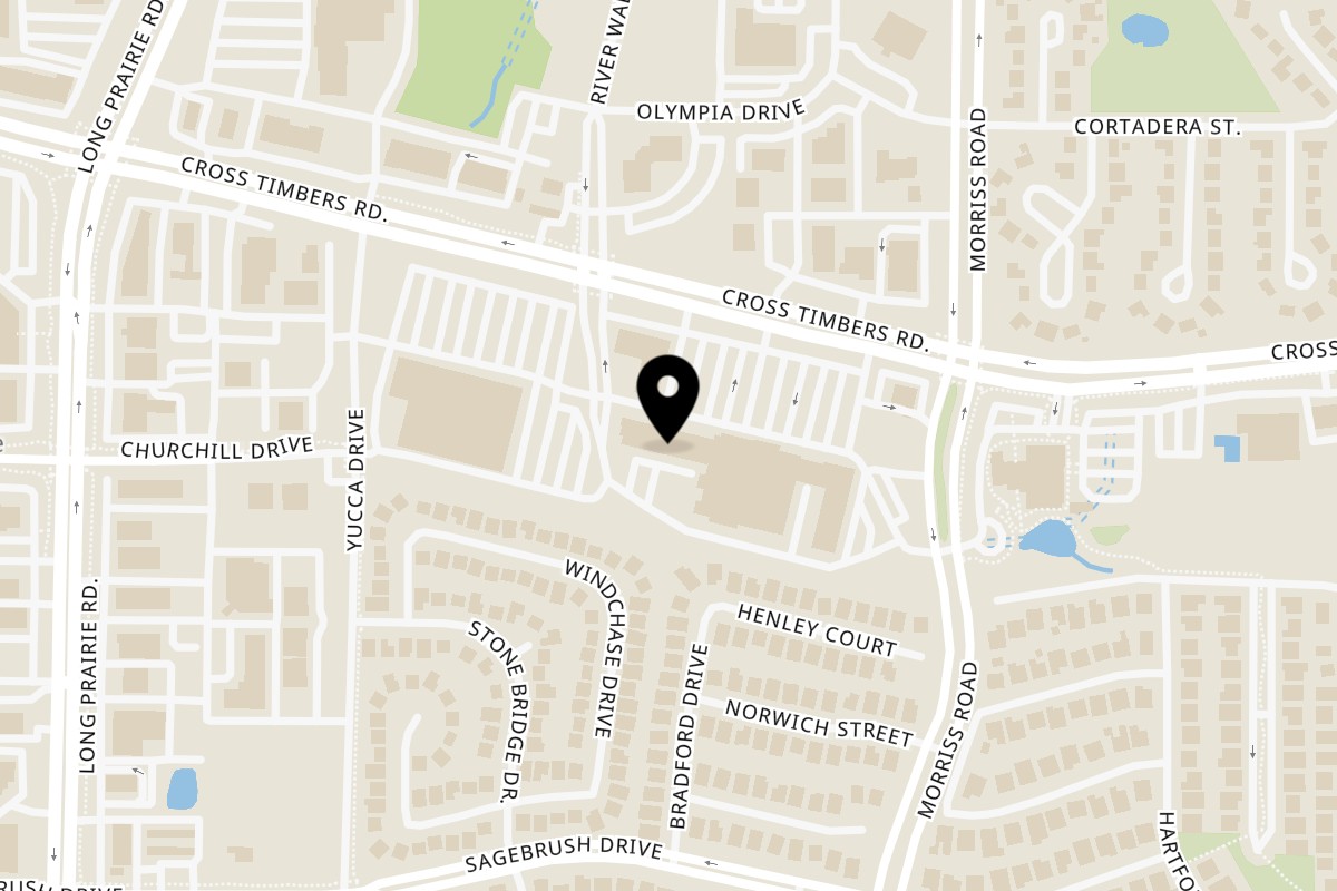 Map showing the location of Heavenly Crust Pizza Flower Mound on 2311 Cross Timbers Road in Flower Mound